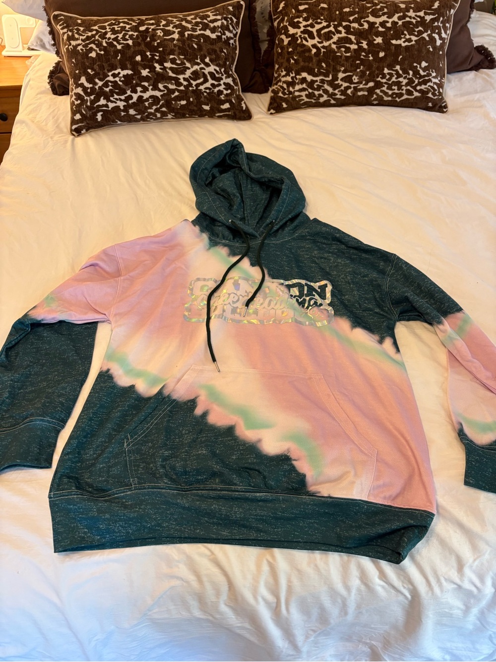 Tie-Dye Hooded Pullover Sweater in Teal and Pink with holographic writing